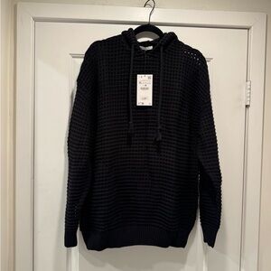 Zara Men's Black Crochet Knit Hoodie Sweater